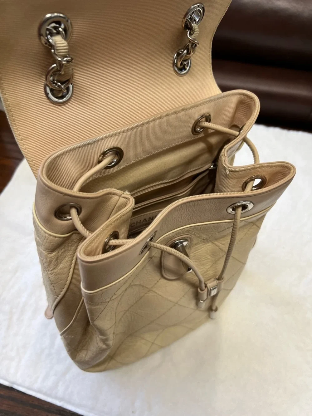 CHANEL Beige Quilted Leather Drawstring Backpack with CC with wallet
